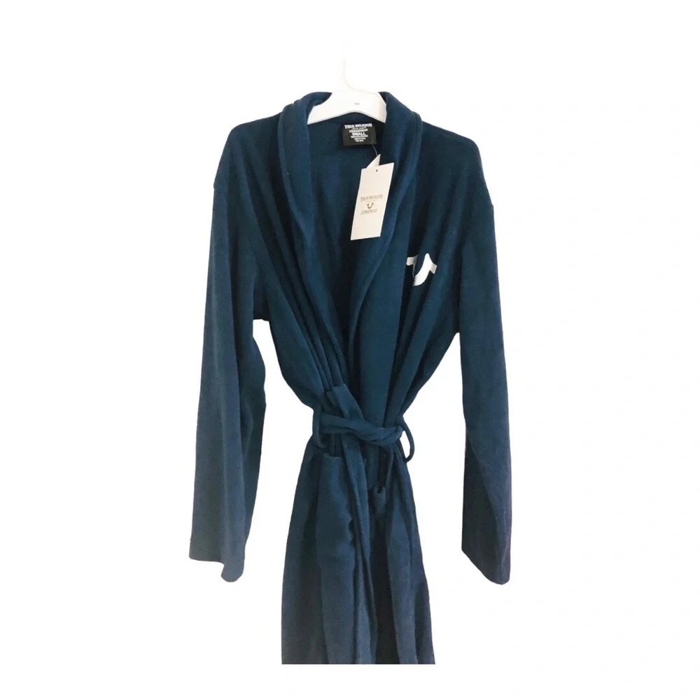 True Religion dark navy blue fleece silver logo lounge bath robe size small new‎